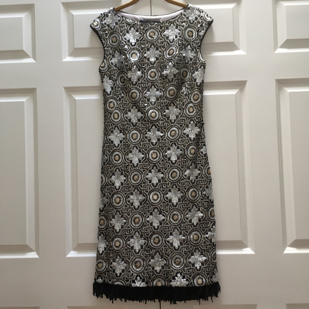 Sue Wong Nocturne Sequined Dress 1920s Flapper Gatsby Fringe Cap Sleeve size 2